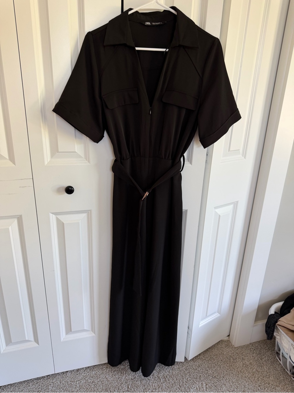 Zara Black Short-Sleeve Belted Maxi Shirt Romper/Jumpsuit